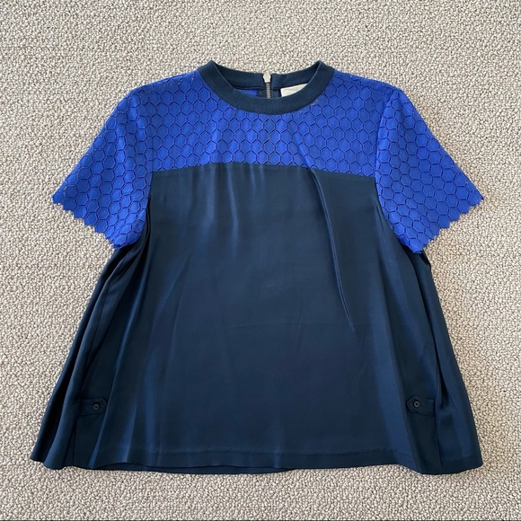 BAND OF OUTSIDERS Navy Silk Short Sleeve Top with Blue Mesh Shoulders, 2 - Picture 1 of 7